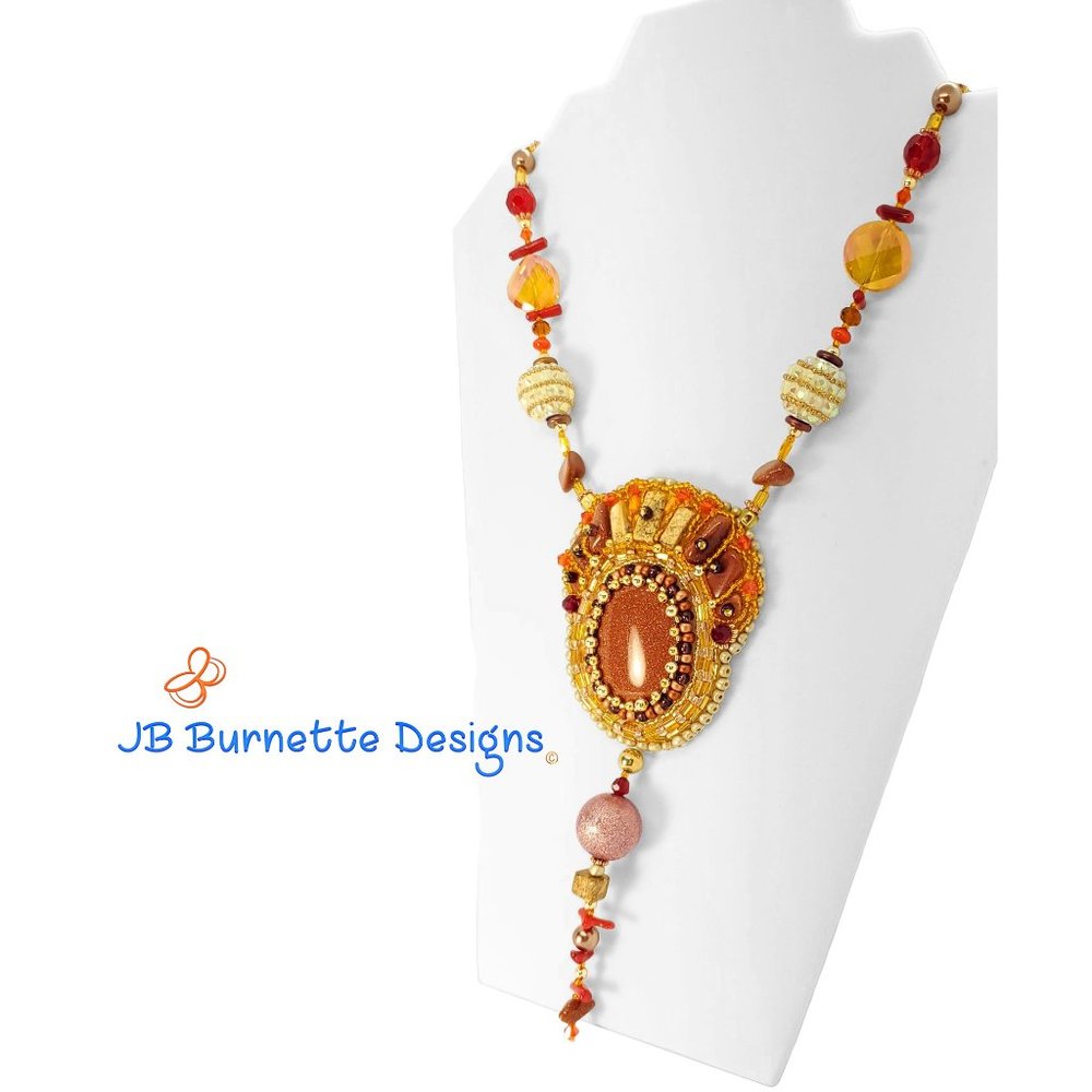 Golden Bronze Sparkly Crown Beaded Necklace, BOHO Summer Fashion, Goldstone